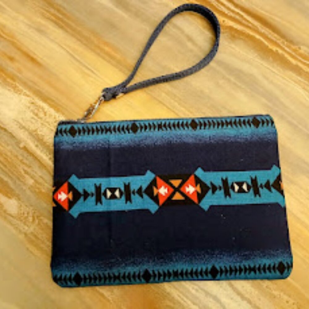 New Western theme Pouch Clutch Wristlet Blue Teal wallet cosmetics envelope bag
